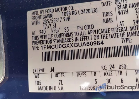 2016 Ford Escape Se из США, поврежденный, VIN 1FMCU0GXXGUA60984